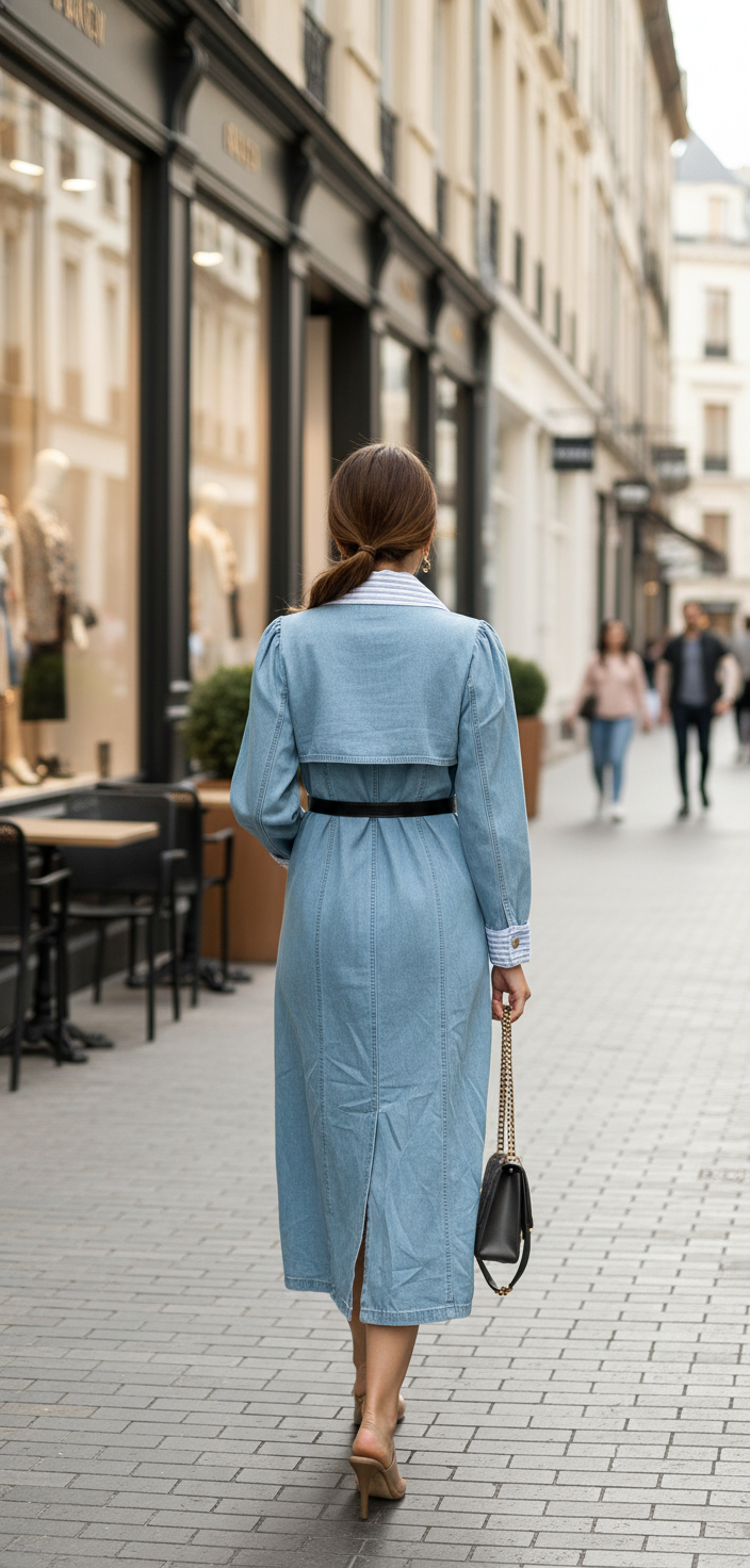 Vestido Mezclilla Con  Rayas Y Cinto Negro Con Dorado