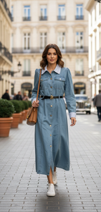 Vestido Mezclilla Con  Rayas Y Cinto Negro Con Dorado