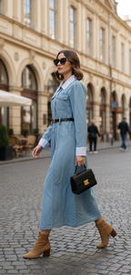 Vestido Mezclilla Con  Rayas Y Cinto Negro Con Dorado