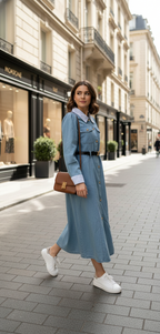 Vestido Mezclilla Con  Rayas Y Cinto Negro Con Dorado