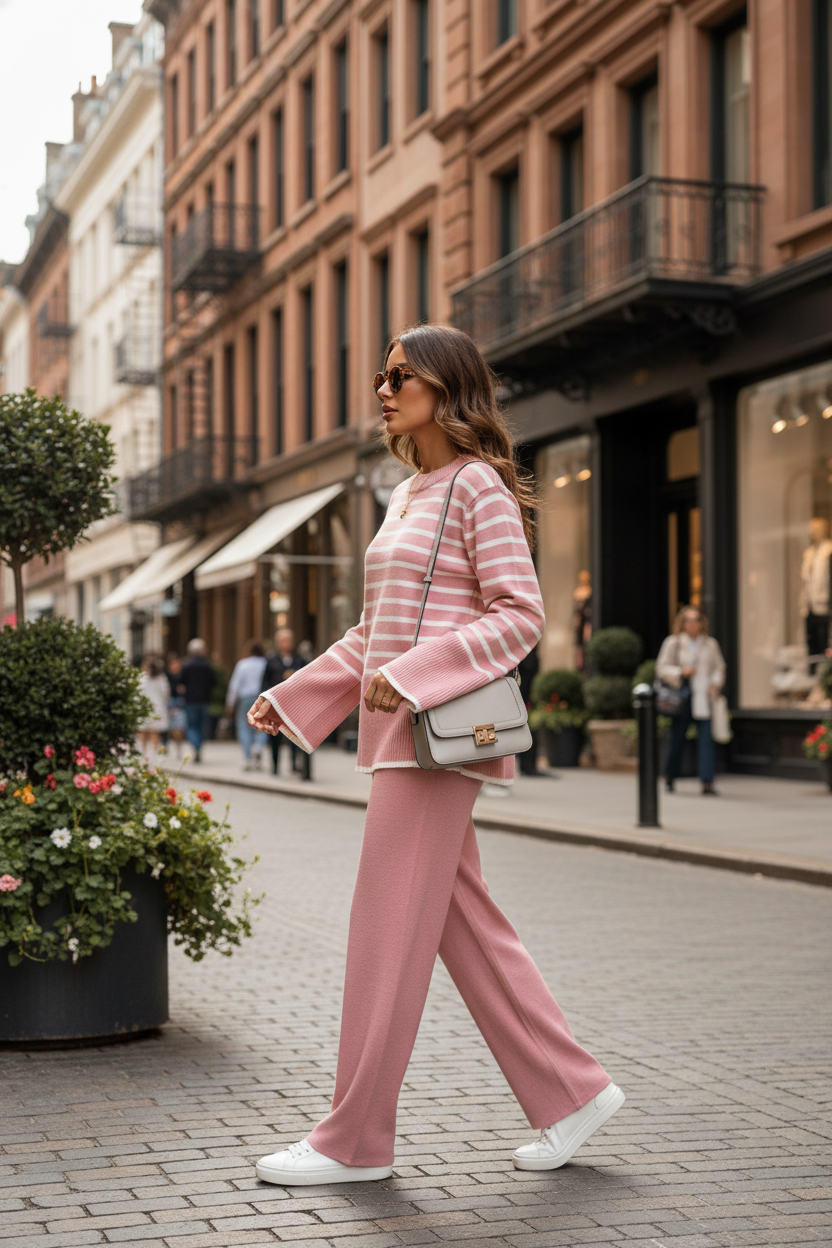 Set de punto de rayas rosa